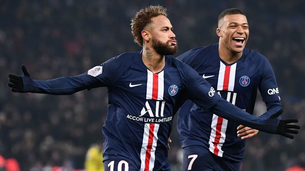 neymar jr and kylian mbappe celebrating a goal