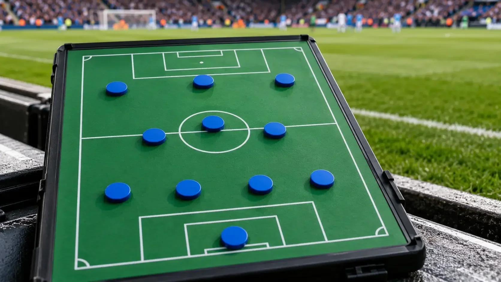 Football tactics board showing a 4-3-3 formation with blue player markers beside a pitch.