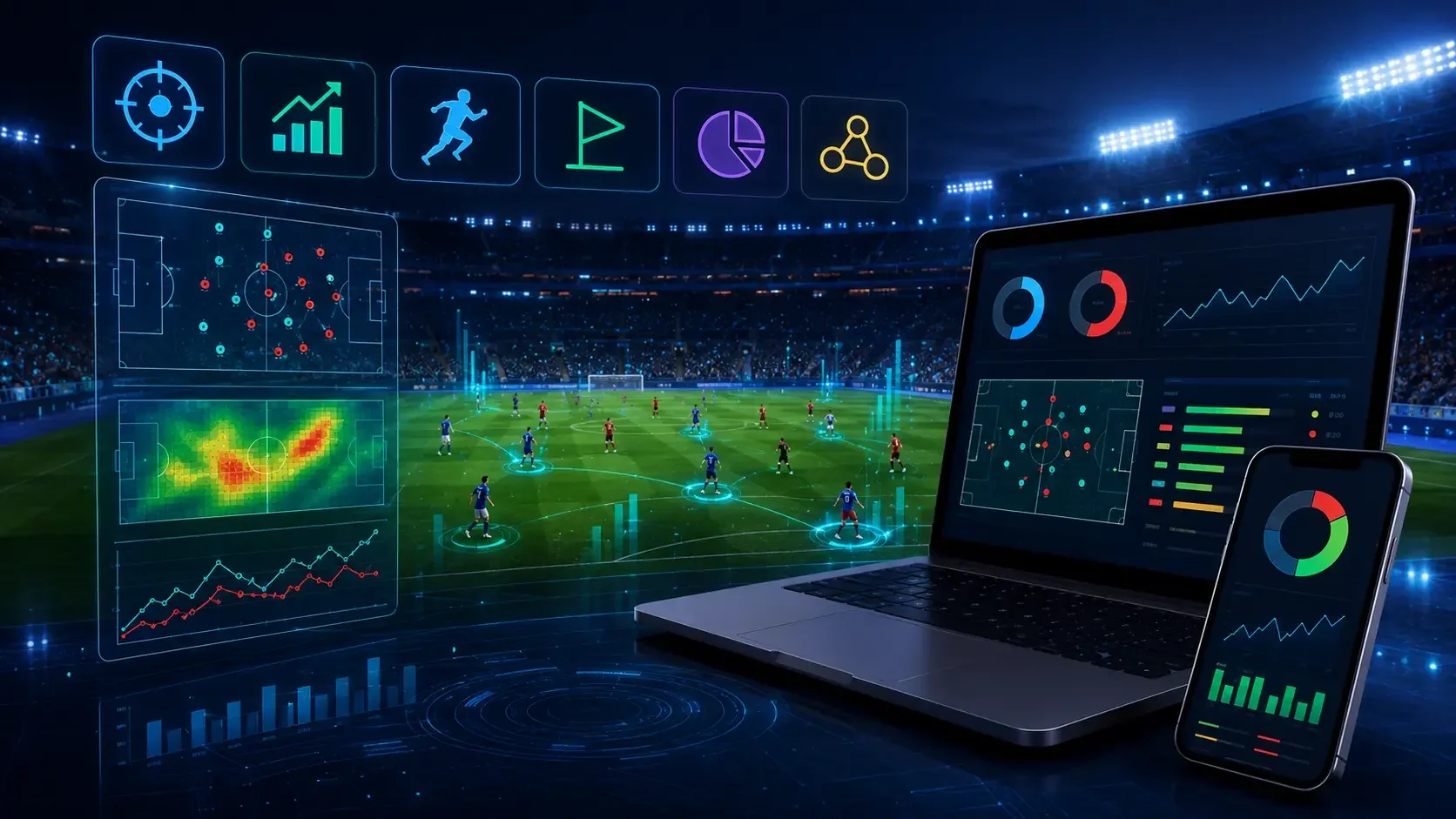 AI-powered live football analytics dashboard showing match data, heatmaps and real-time performance metrics in a stadium