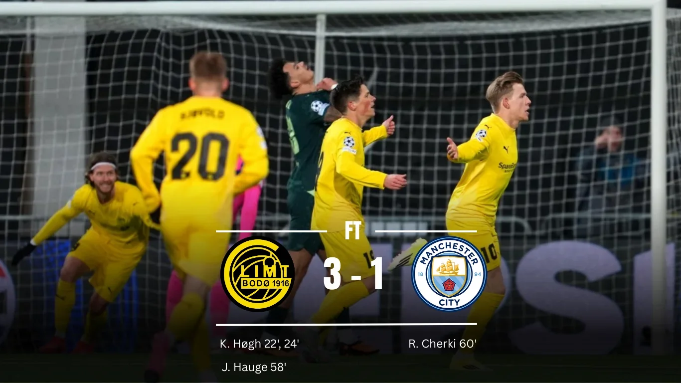 Bodø/Glimt players celebrate as the scoreboard shows a 3–1 win over Manchester City at full time.