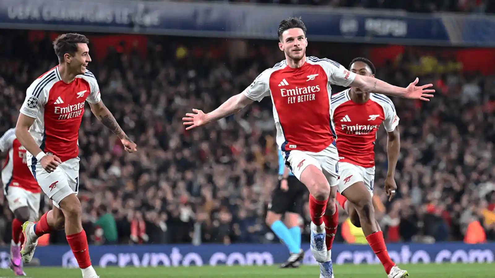 declan rice celebrating after scoring from set piece on real madrid in the champions league