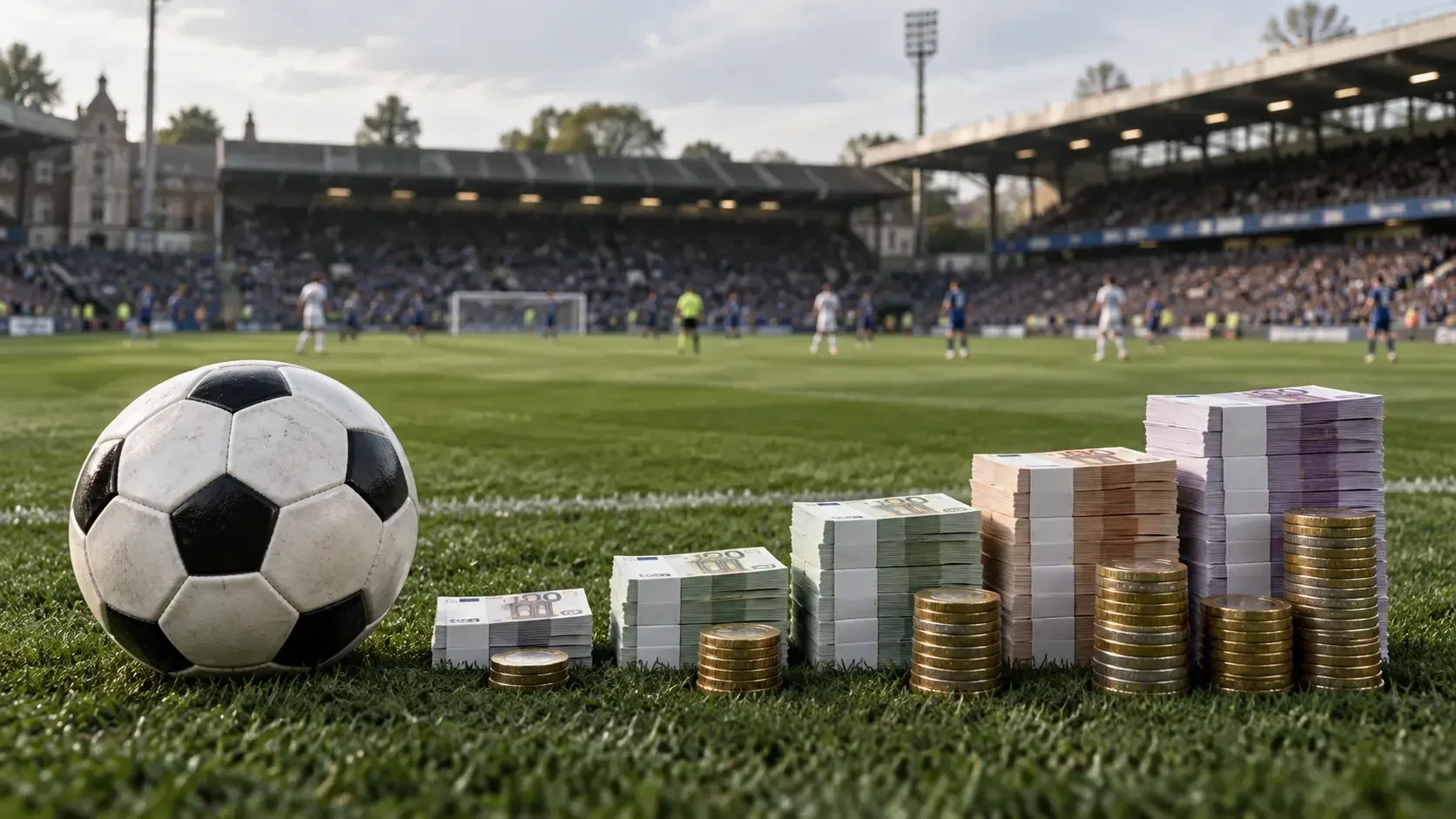 Football beside rising stacks of euro banknotes and coins, with a stadium in the background.