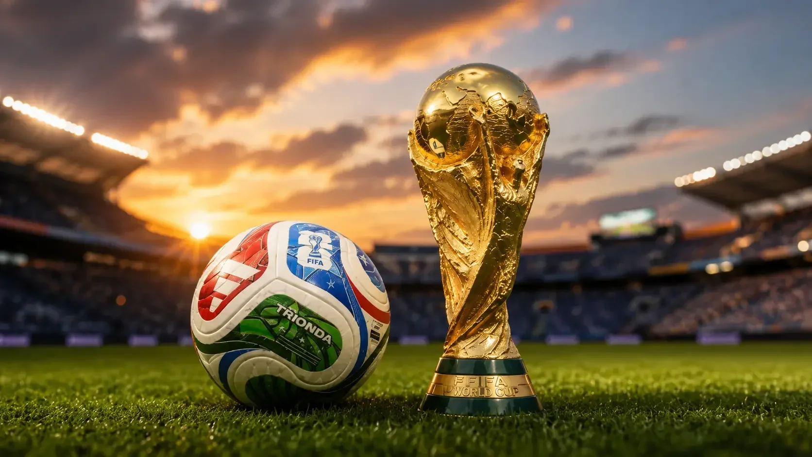 FIFA World Cup trophy and match ball on a football pitch at sunset