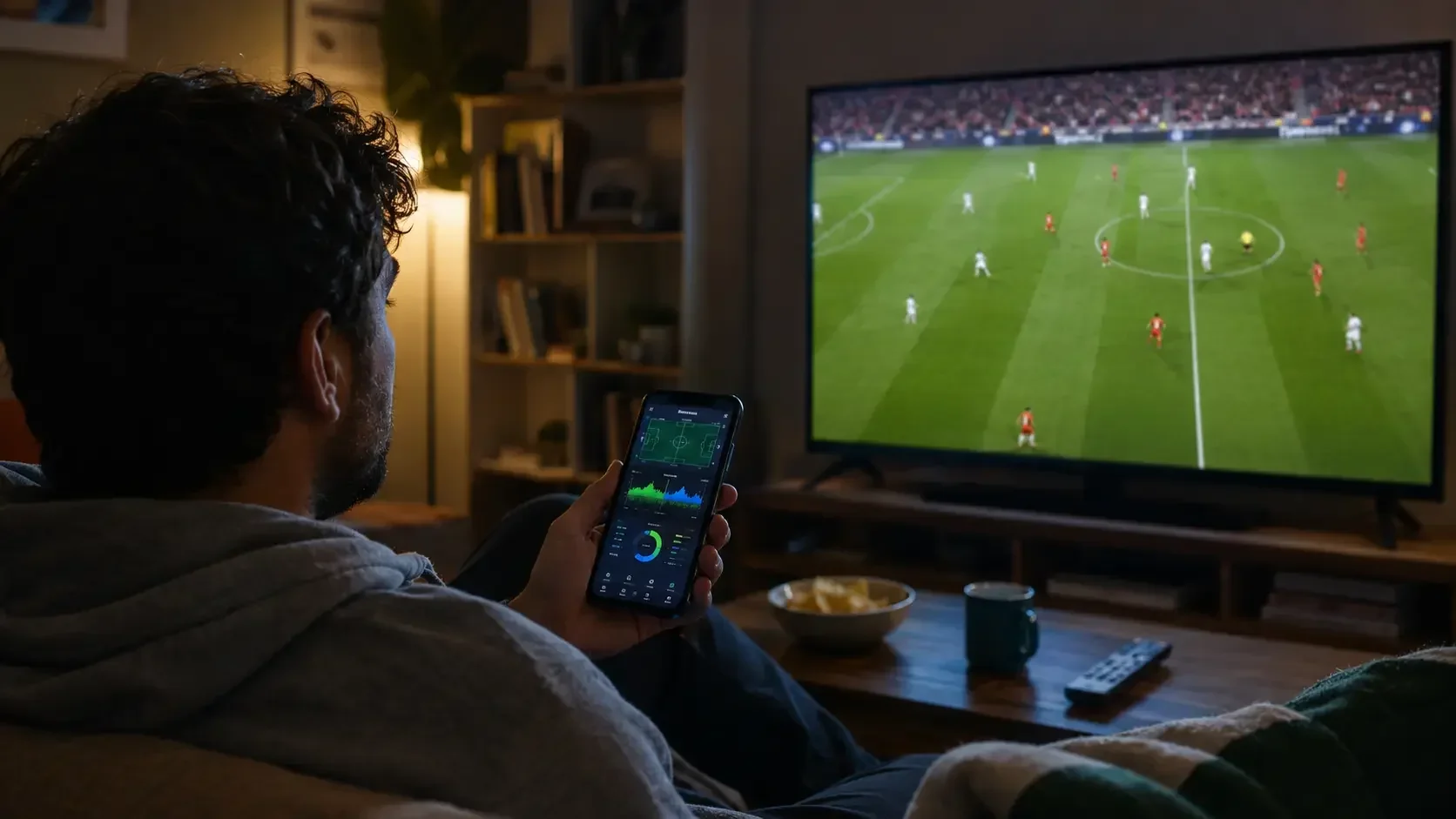 Football fan watching a live match on TV while checking football stats on a smartphone at home