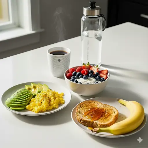 two plates one with scrambled eggs and avocado and one with toast with honey and banana one bowl full of greek yogurt and berries a cup of coffee and a bottle of water 