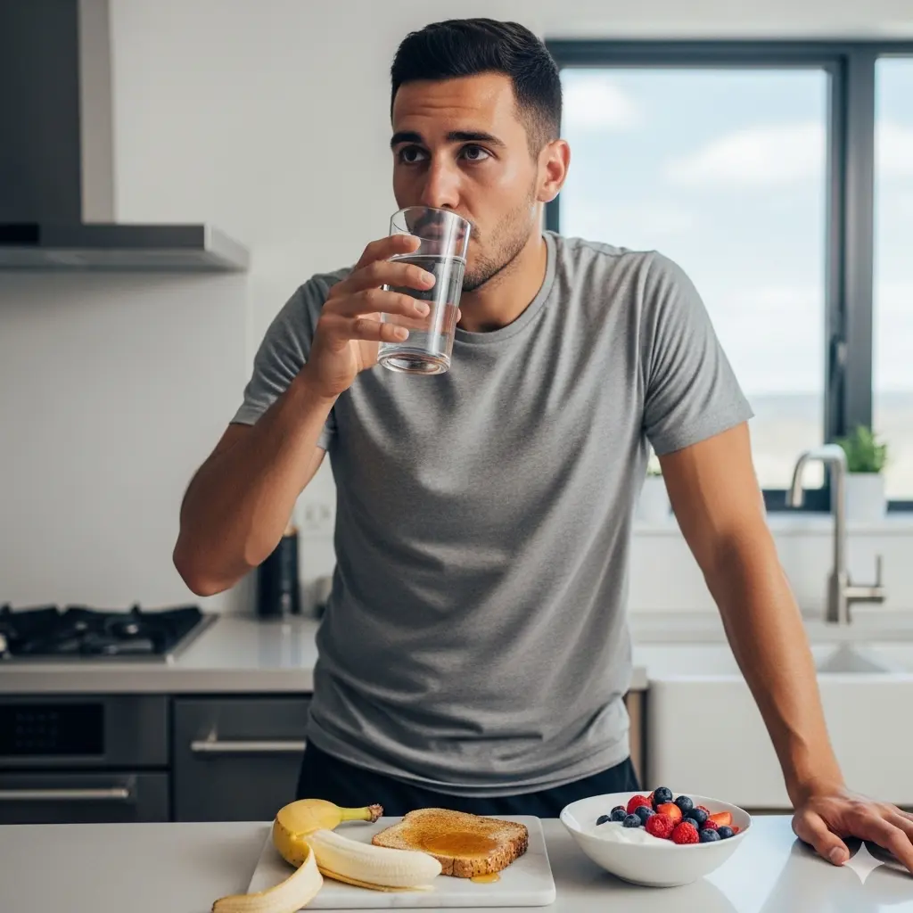 a football player drinking a glass of water and preparing a breakfast of piece of bread a banana and peanut butter