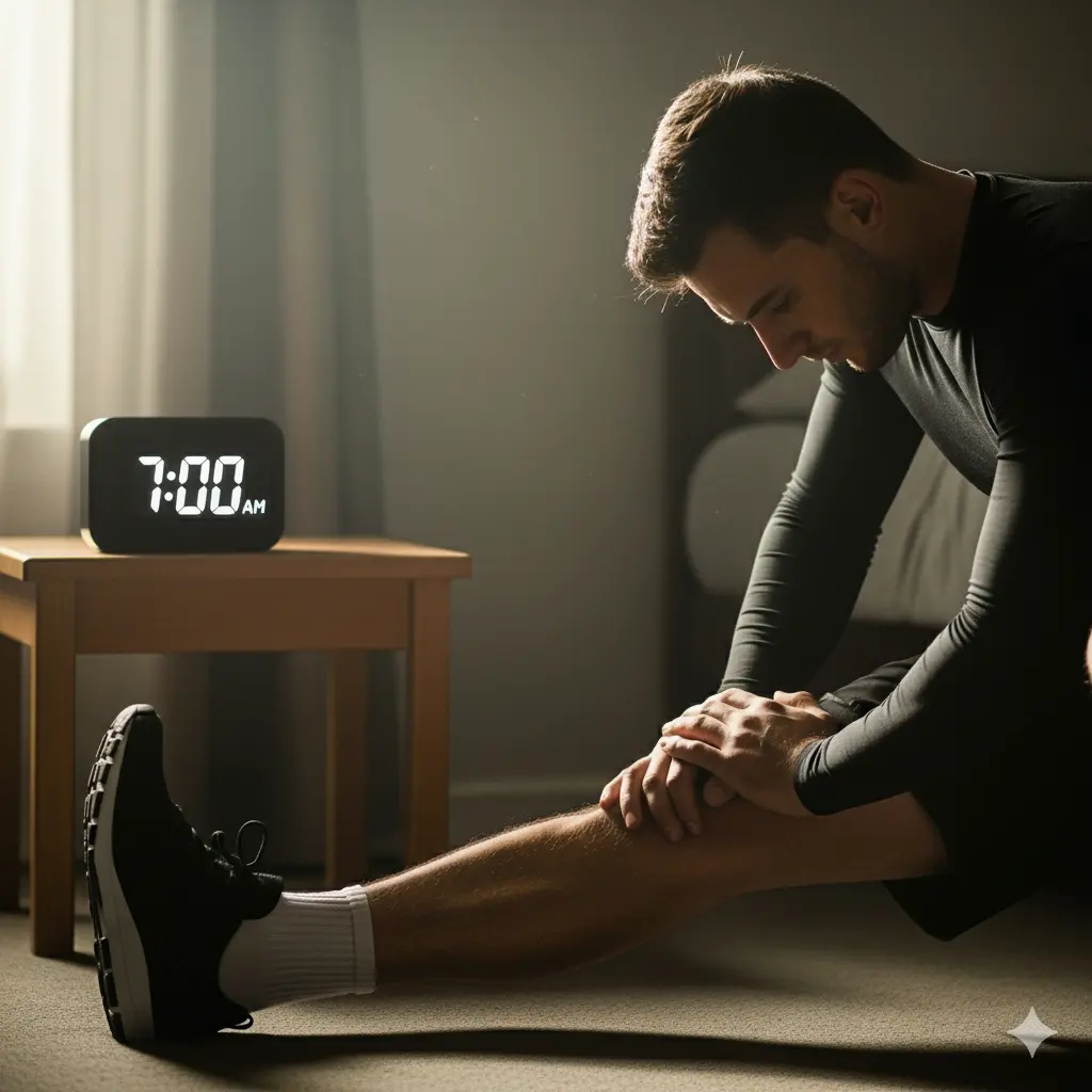 an image of a football player doing some early stretches on 7 am oclock 