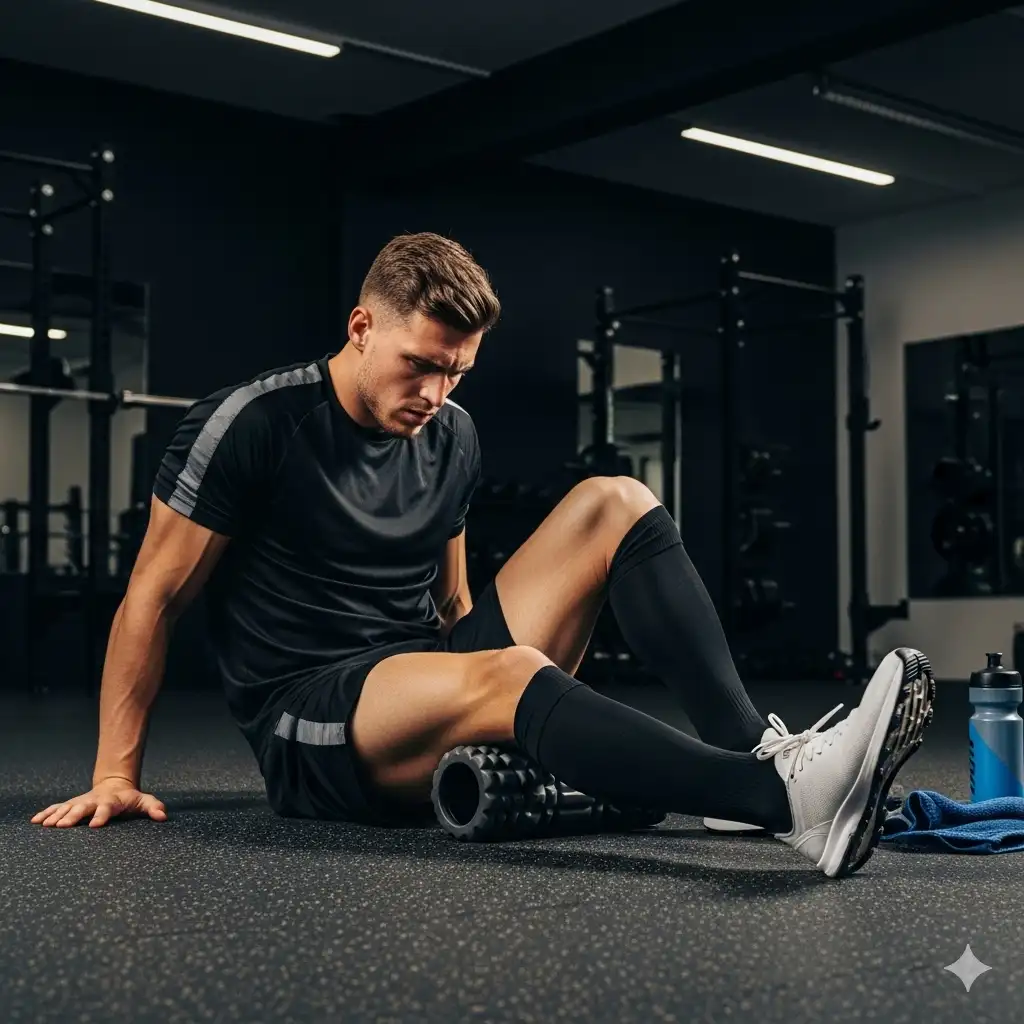 a football player using a foam roller to ease his muscles