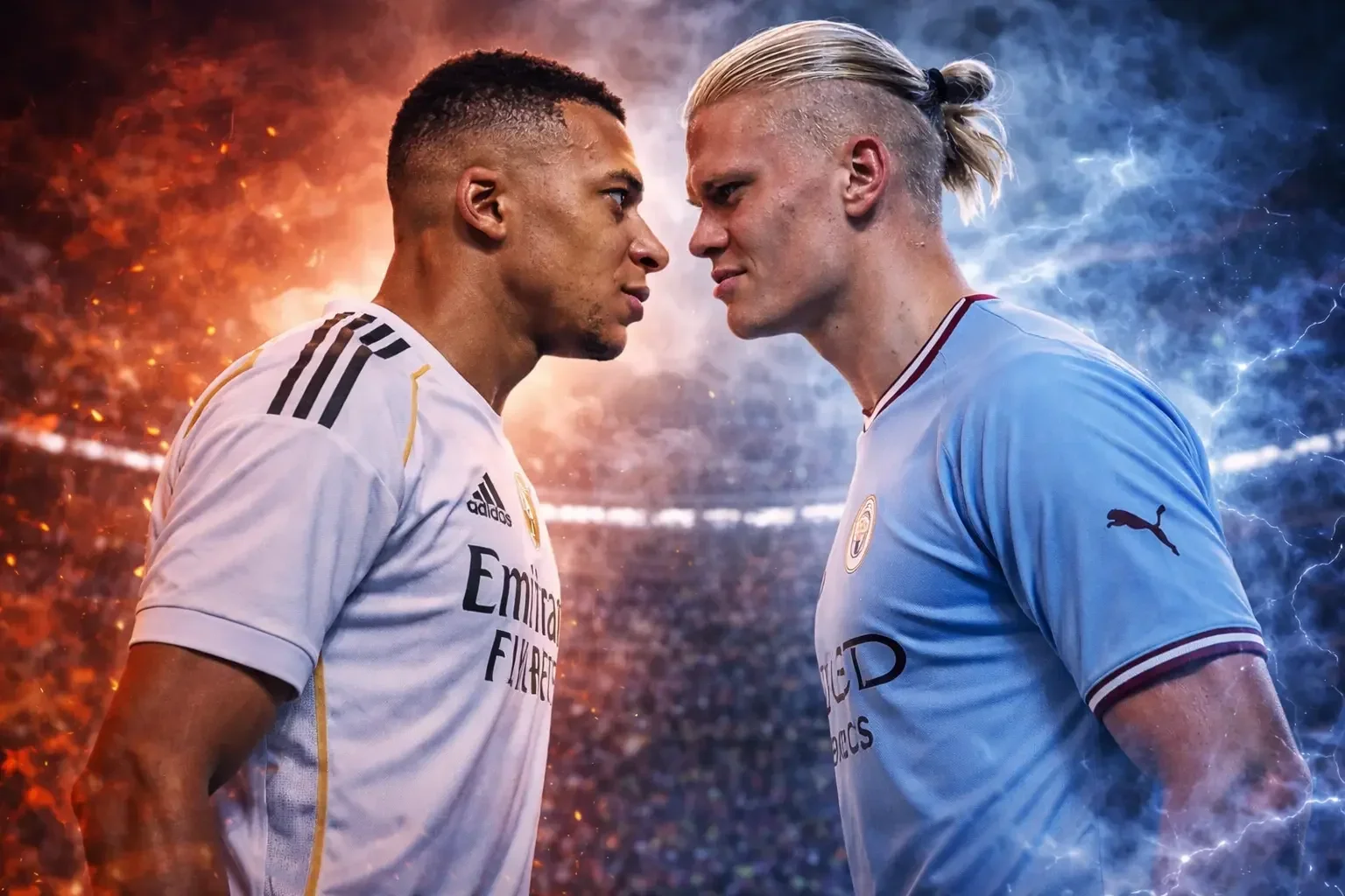 Epic rivalry scene showing two elite footballers facing each other intensely in a stadium, one in a white Real Madrid kit and the other in a light blue Manchester City kit, with fiery orange tones on one side and icy blue tones on the other, symbolizing competition and contrast.