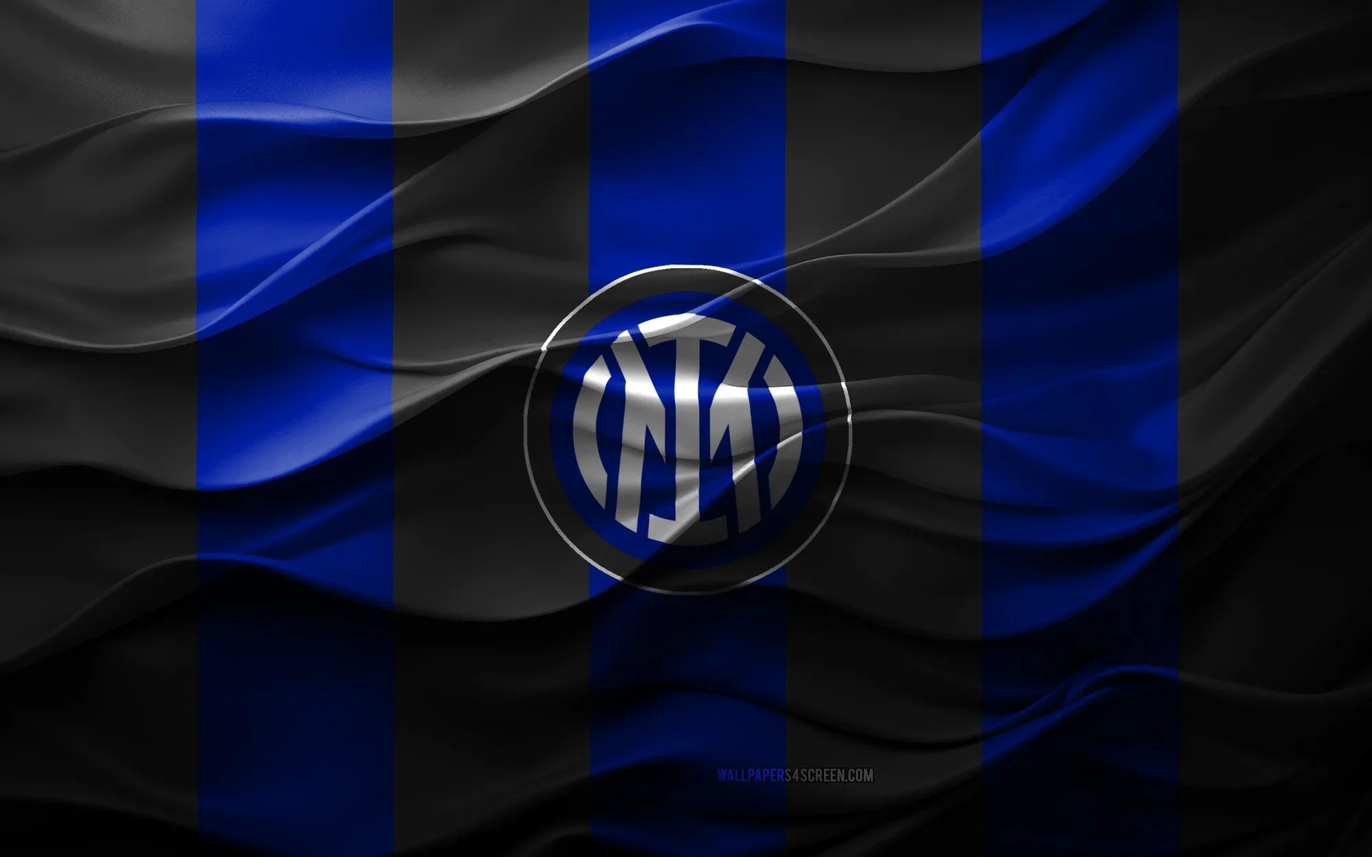 Milan logo on a blue and black striped background