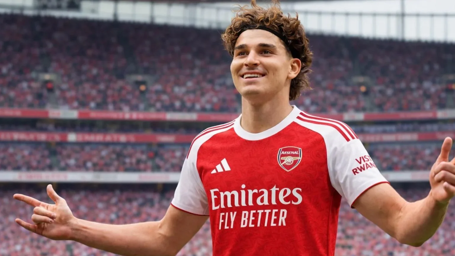 Julián Álvarez in an Arsenal jersey, smiling on the pitch with Emirates Stadium stands behind him