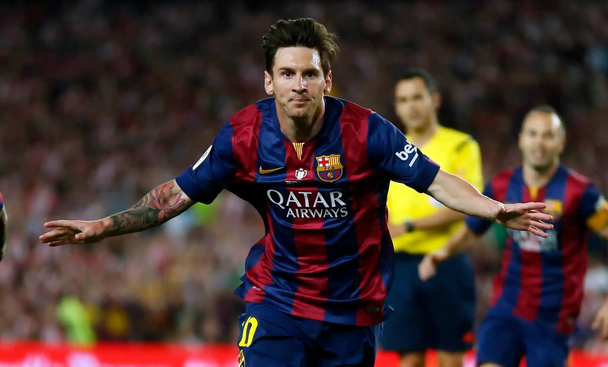 lionel messi celebrating after scoring for barcelona