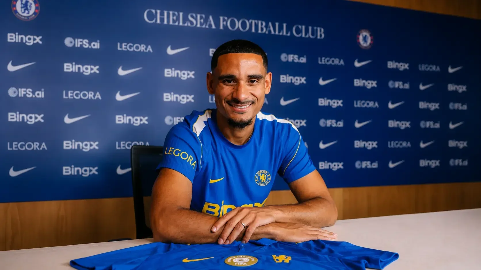 Maxence Lacroix posing after joining Chelsea