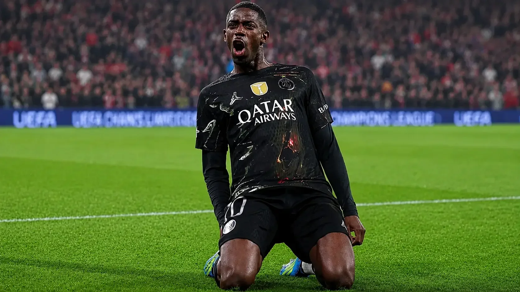 Ousmane Dembele celebrating in a PSG shirt