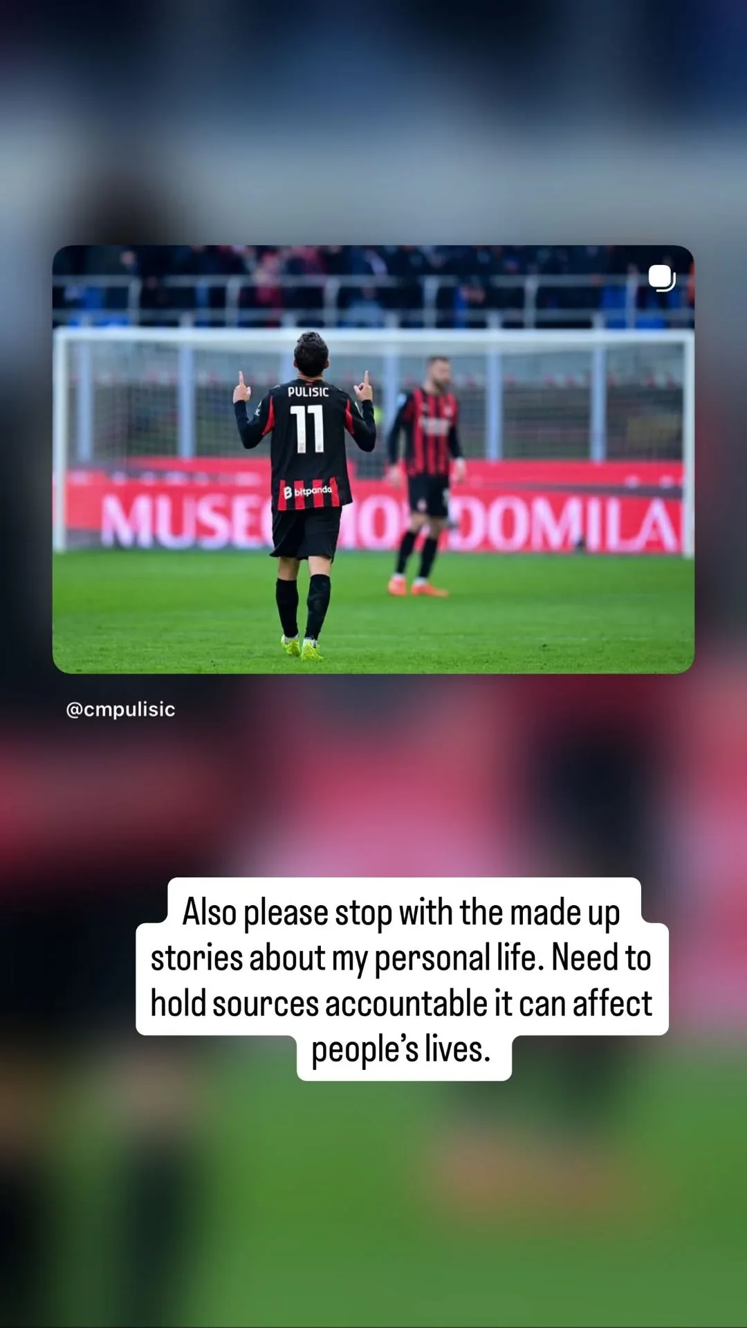 Screenshot of Christian Pulisic’s Instagram Story showing him in an AC Milan kit with a message asking people to stop making up stories about his personal life.