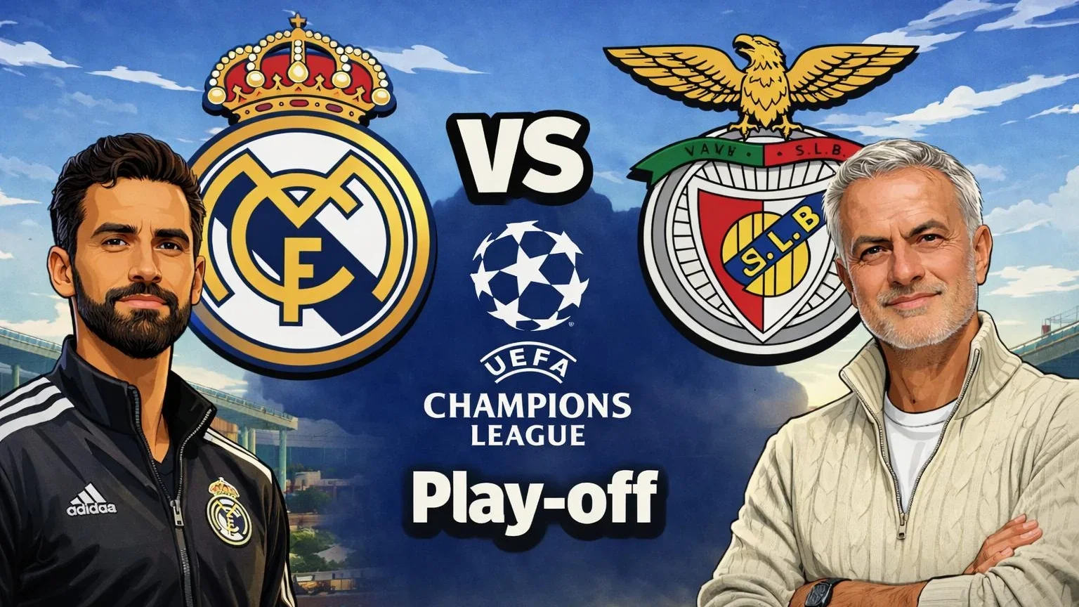 UEFA Champions League play-off poster: Real Madrid vs Benfica with both club crests, Champions League logo, and two managers facing off