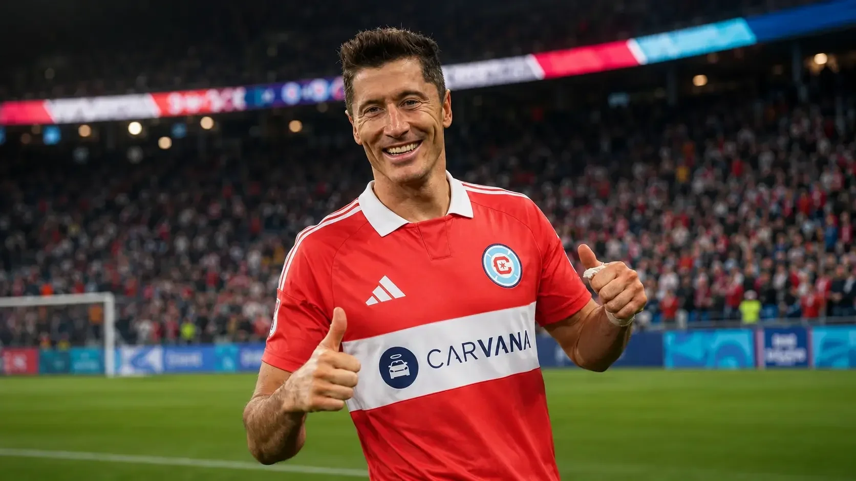 Robert Lewandowski wearing a Chicago Fire kit in a stadium