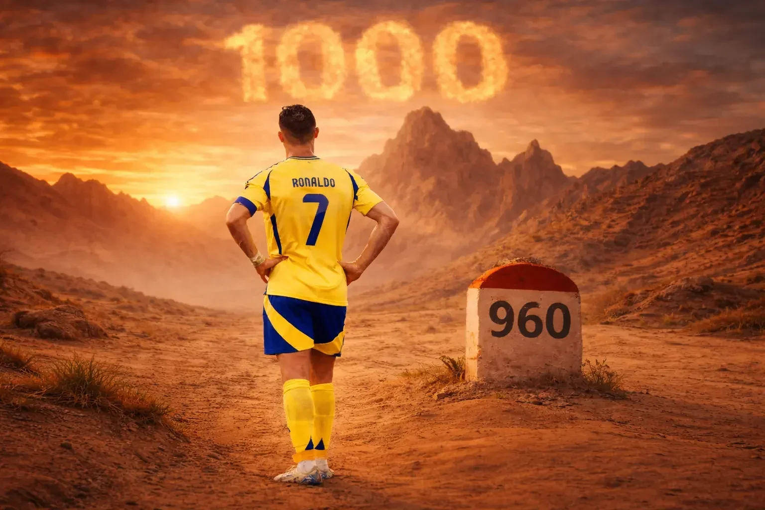 Cristiano Ronaldo in an Al Nassr kit stands in a desert at sunset beside a “960” milestone, with “1000” glowing in the sky above mountains.