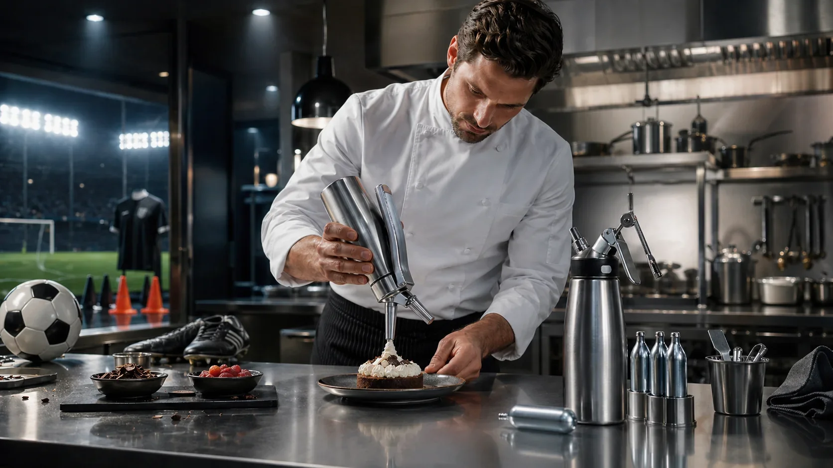 Chef carefully using a cream whipper in a professional kitchen with soccer gear and stadium lights in the background