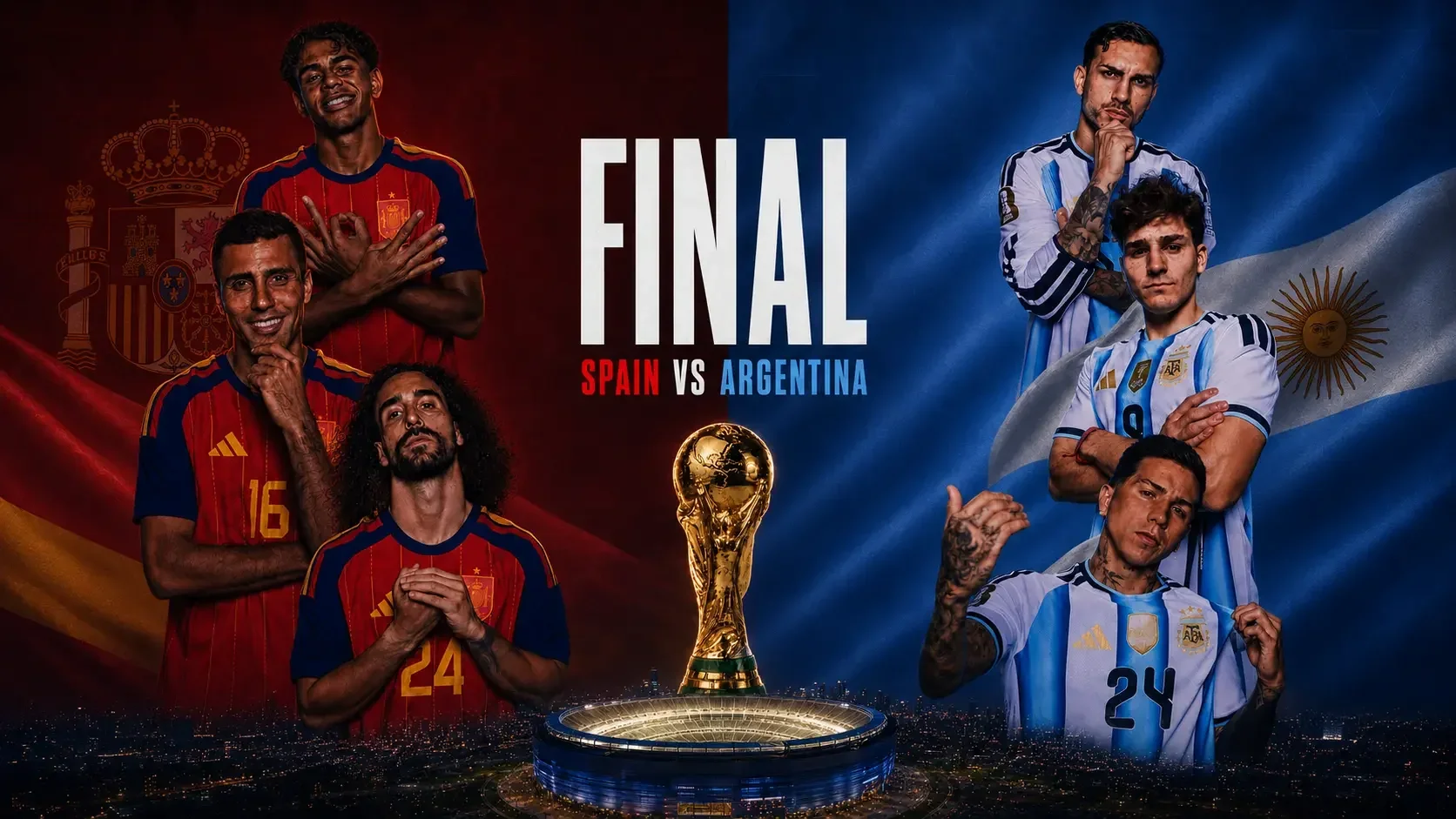 Spain vs Argentina World Cup final poster featuring players, trophy and stadium