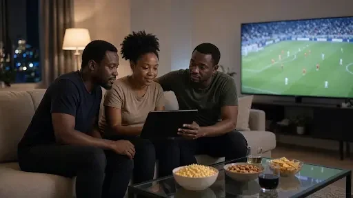 three friends watching a football game