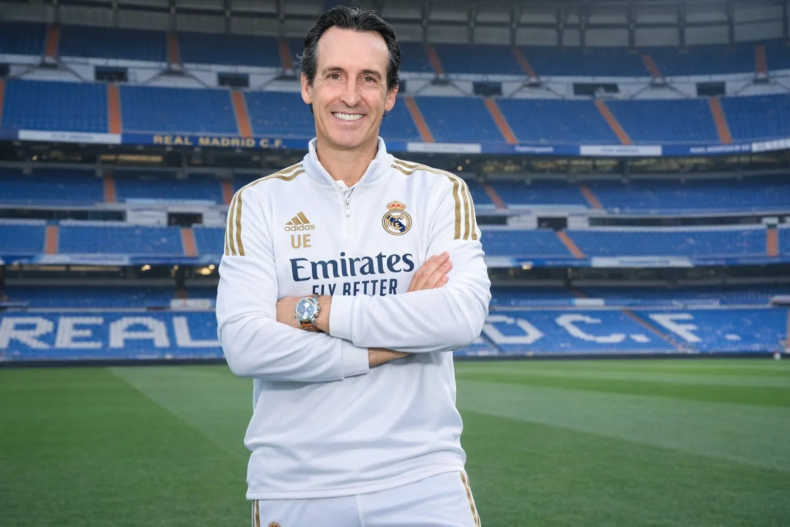 Unai Emery posing in a Real Madrid training kit at the Santiago Bernabéu stadium