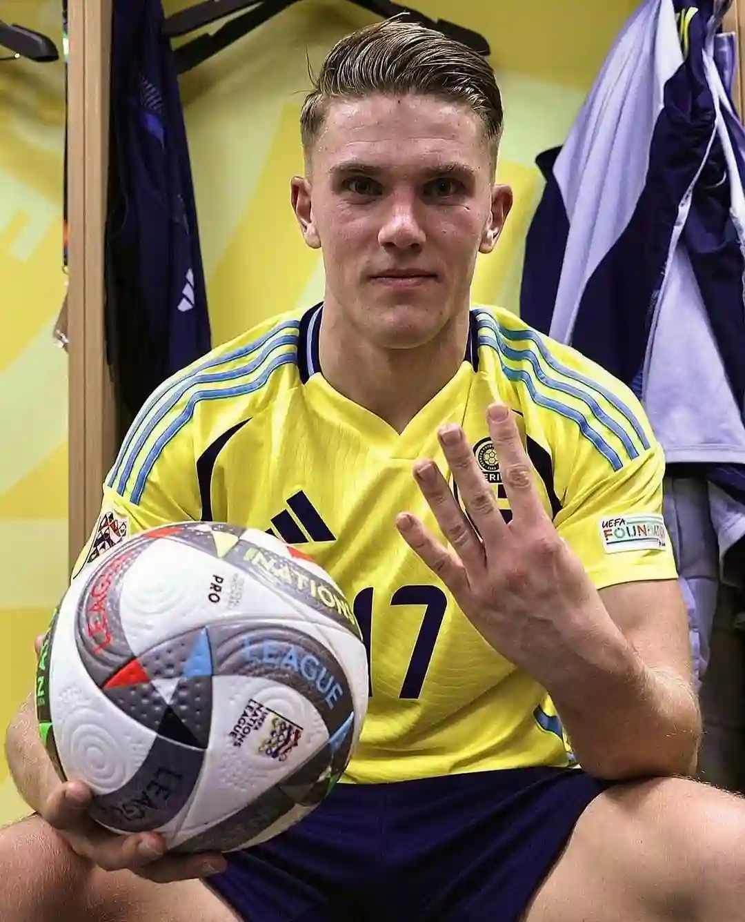 viktor gyokeres with the match ball after scoring for goals for sweden