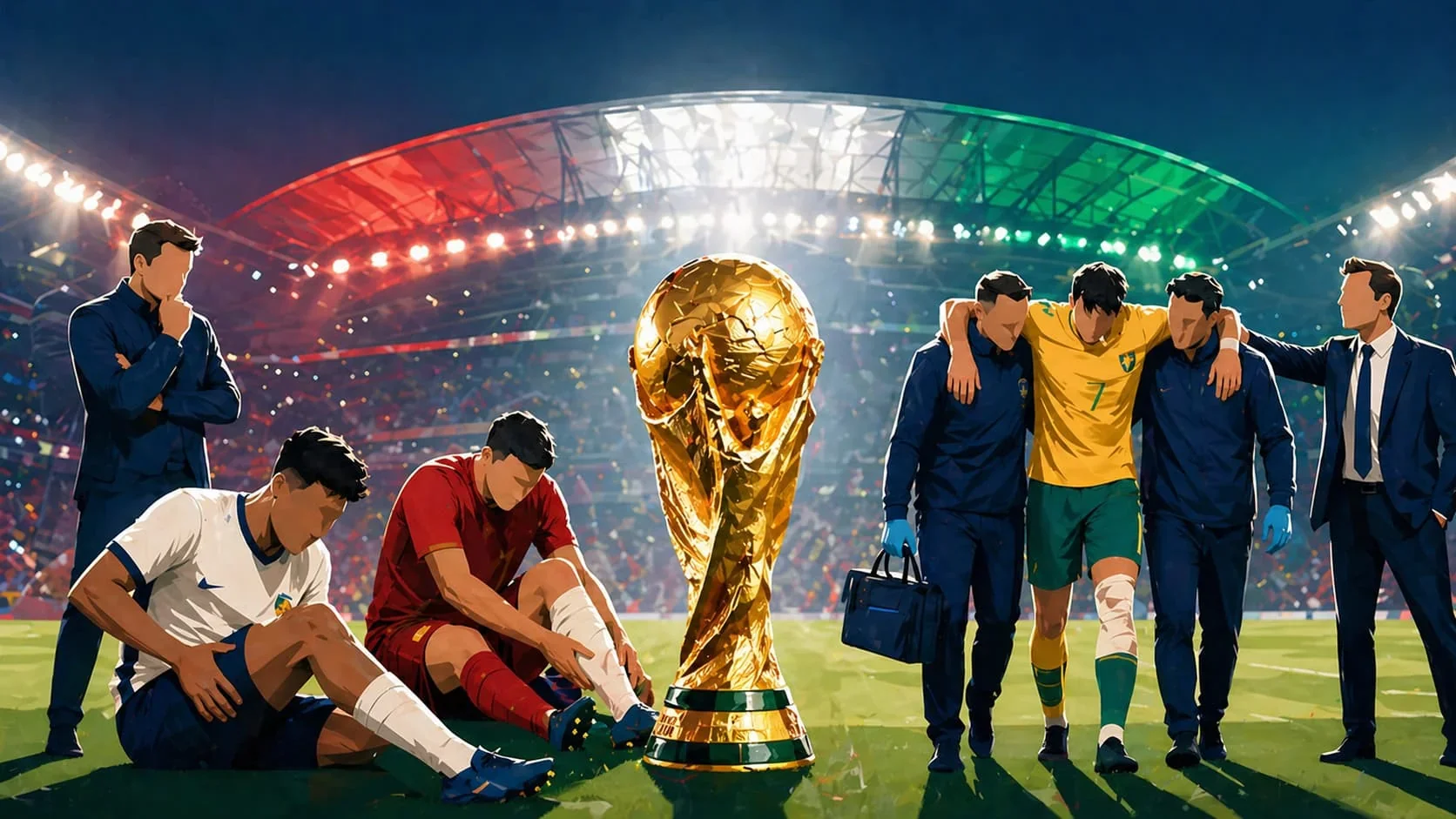 Illustrated football magazine-style image showing the World Cup trophy in a stadium, surrounded by injured players, medical staff, and concerned coaches ahead of the 2026 tournament.