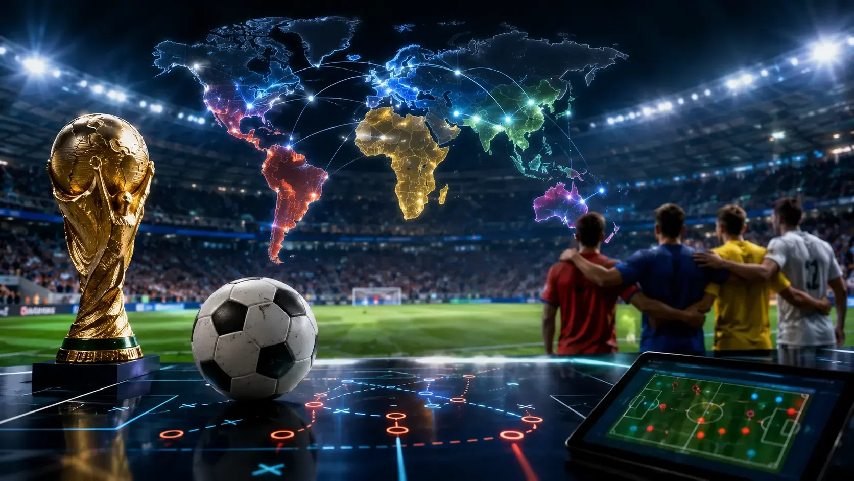 World Cup trophy beside a tactical board as international football players walk onto a packed stadium pitch during a major tournament match.